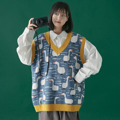 Cartoonish Duck Embroidery Knitted Vest Sweater