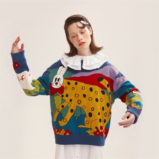 Cartoonish Embroidery Cat Rabbit Knitted Sweater