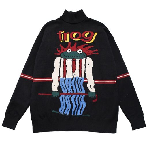 Frog Cool Cartoonish Embroidery Knitted Sweater