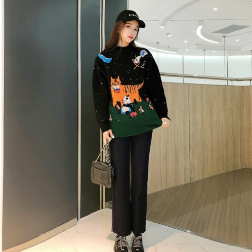 Tiger Panda Cartoonish Embroidery Knitted Sweater