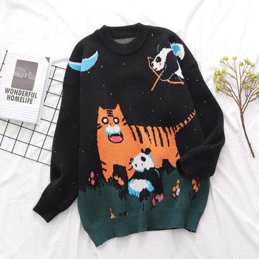 Tiger Panda Cartoonish Embroidery Knitted Sweater