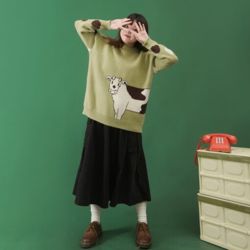 Weirdcore Cow  Loose Knitted Sweater
