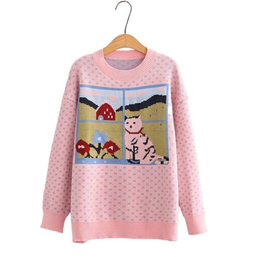 Window Cartoonish Cat Embroidery Dot Sweater