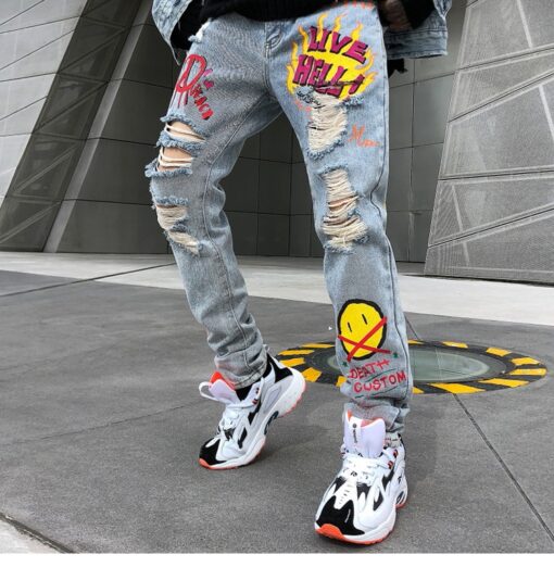 Emoji Graffiti Streetwear Ripped Holes Jean
