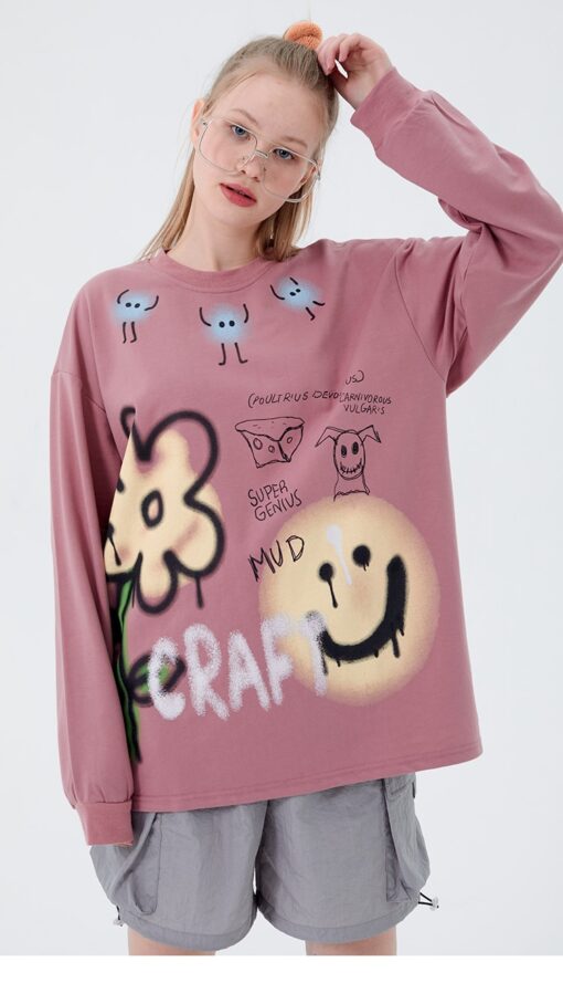 Graffiti Flower Letter Emoji Print Thin Sweatshirt