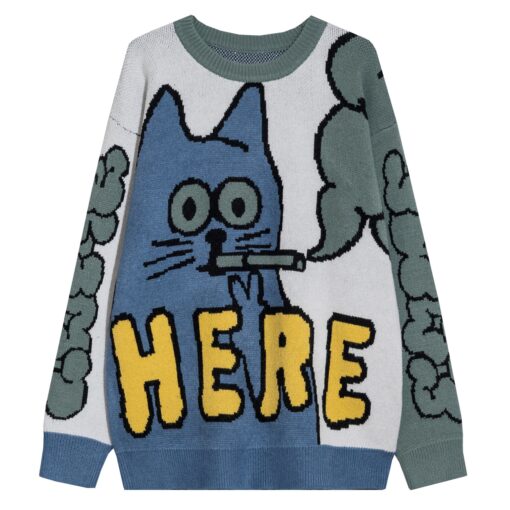 Smoking Cat Pattern Knitted Sweater