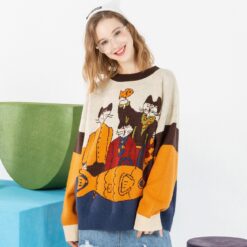 Weirdcore Cat Gang Oversized O-neck Knitted Sweater