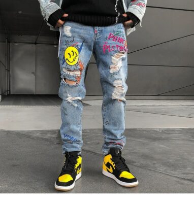 Weirdcore Emoji Graffiti Streetwear Ripped Holes Jean